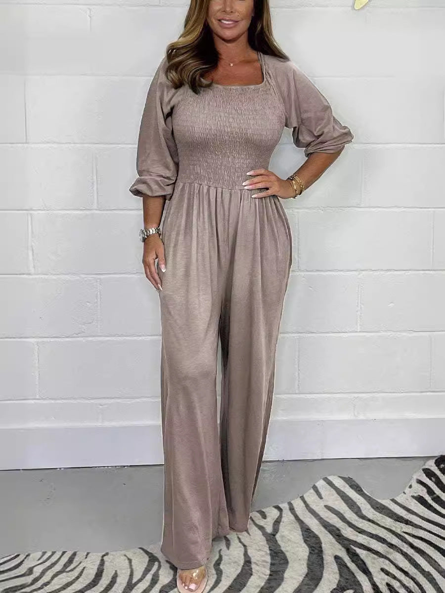 Szögletes galléros elasztikus derékú jumpsuit nyári divat