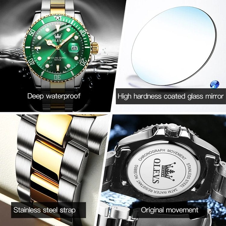 OLEVS GREEN WATER GHOST QUARTZ WATCH VÍZÁLLÓ LUXUS FÉRFI ÓRA