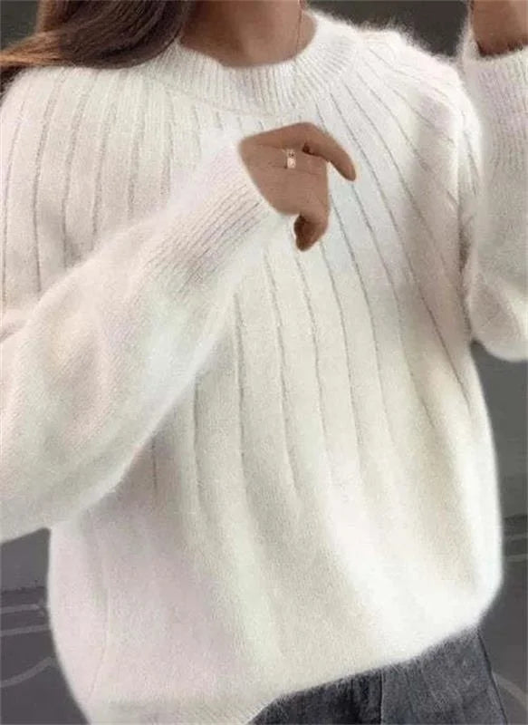 Egyszínű kasmír bolyhos kötő pulóver