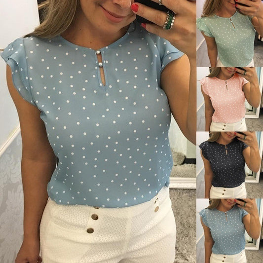 Lezser pöttyös mintás sifonblúz kerek nyakú fodros ujjakkal